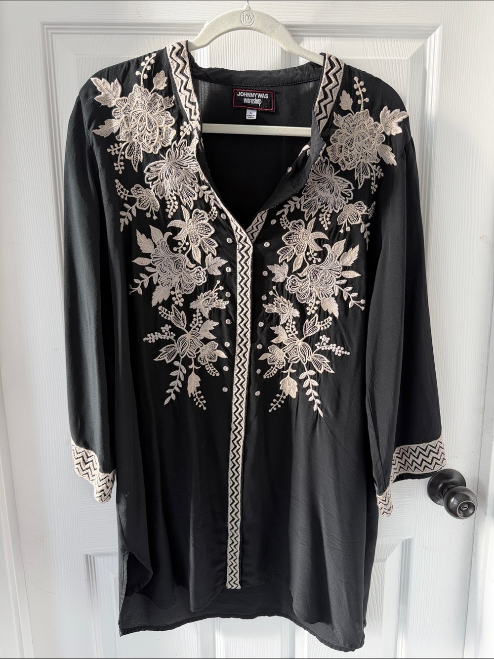 Johnny Was Black Tunic with Cream Floral Embroidery- silk